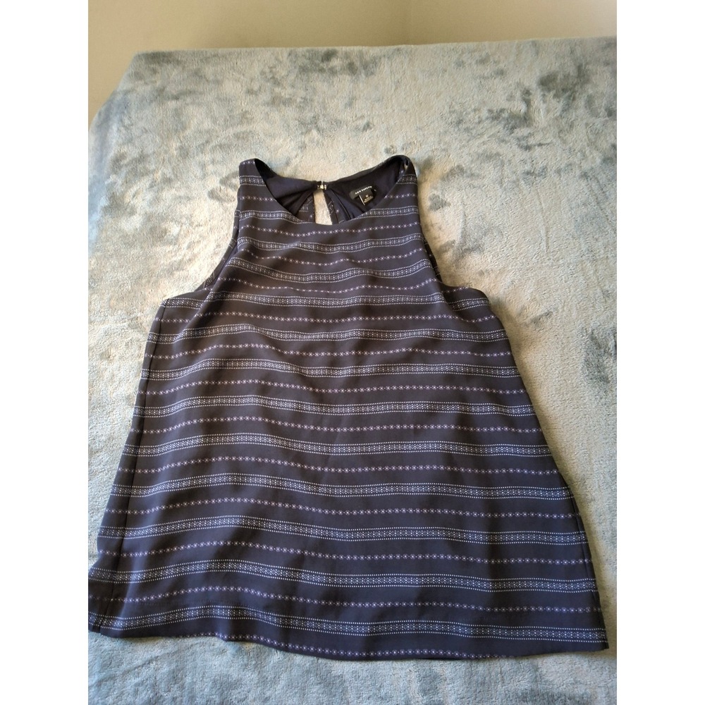 Ann Taylor Navy Blue Geometric Striped Split Back Sleeveless Blouse Womens Small